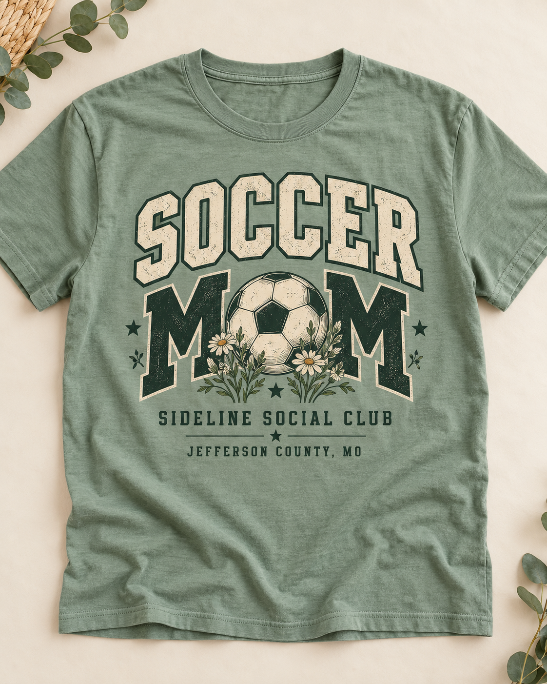 Sage Soccer Mom shirt mockup with original soccer ball and floral artwork